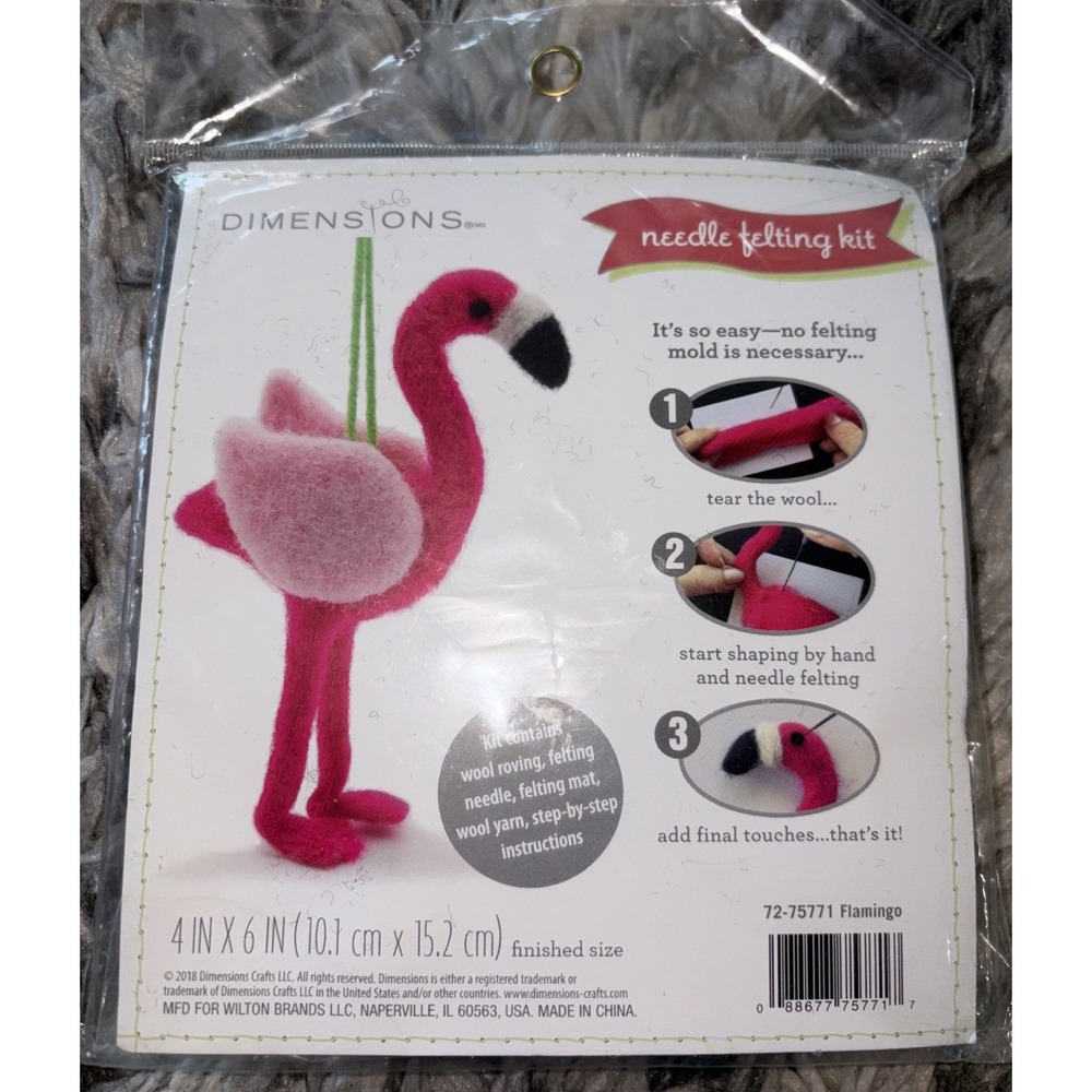 Flamingo Felt Animals Needle Felting Craft Kit, 4'' x 6''. By Dimensions NOS